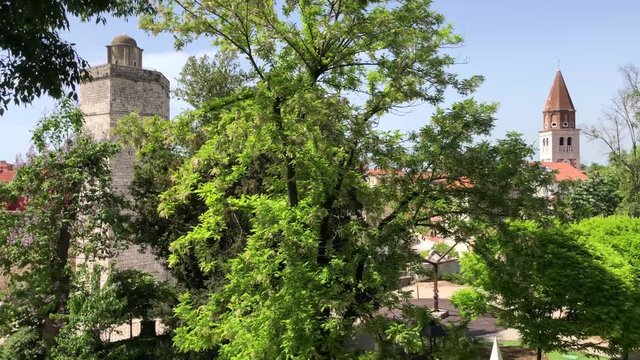 Captain's tower, 5 Wells Square and Sveti Sime church seen from the Queen Jelena Madijevka Park in Zadar, Croatia
