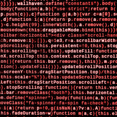Writing programming code on laptop. Digital binary data on computer screen