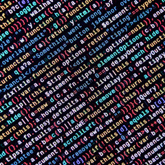 Writing programming code on laptop. Digital binary data on computer screen