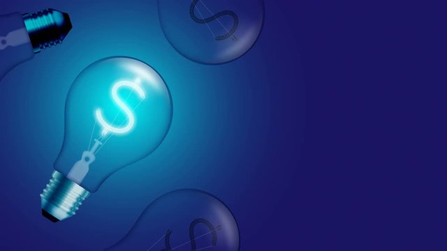 Alphabet Incandescent light bulb blink switch on set Currency USD (United States Dollars) symbol concept glow in blue gradient background seamless looping animation 4K, with copy space