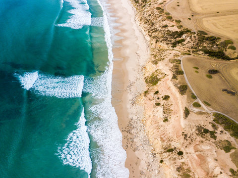 aerial view of beach and surf