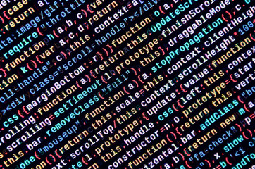 JavaScript code in text editor. Coding cyberspace concept. Screen of web developing code