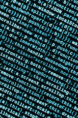 JavaScript code in text editor. Coding cyberspace concept. Screen of web developing code