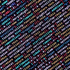 Writing programming code on laptop. Digital binary data on computer screen