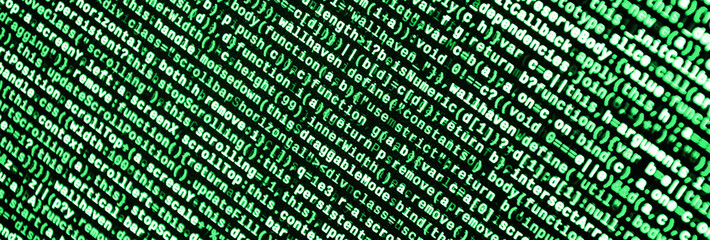 Javascript functions, variables, objects. Monitor closeup of function source code. IT specialist...