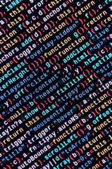 JavaScript code in text editor. Coding cyberspace concept. Screen of web developing code