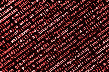 Javascript functions, variables, objects. Monitor closeup of function source code. IT specialist...