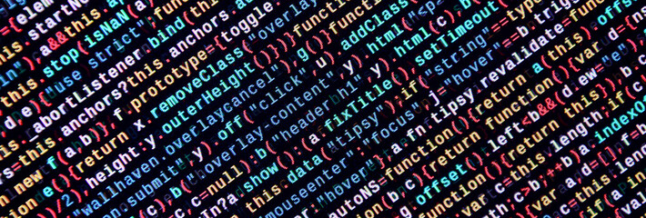 Javascript functions, variables, objects. Monitor closeup of function source code. IT specialist...