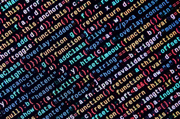 Javascript functions, variables, objects. Monitor closeup of function source code. IT specialist...
