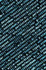 JavaScript code in text editor. Coding cyberspace concept. Screen of web developing code