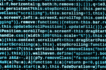 Writing programming code on laptop. Digital binary data on computer screen