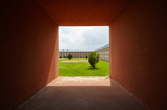 Landscape view through a square opening