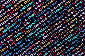 Javascript functions, variables, objects. Monitor closeup of function source code. IT specialist...