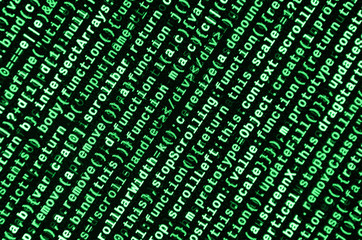 Javascript functions, variables, objects. Monitor closeup of function source code. IT specialist...