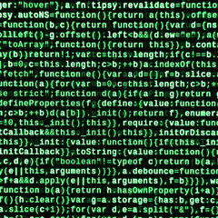 Javascript functions, variables, objects. Monitor closeup of function source code. IT specialist...