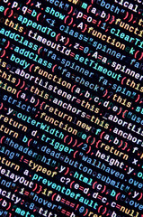 JavaScript code in text editor. Coding cyberspace concept. Screen of web developing code