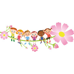 コスモスに座る子供達