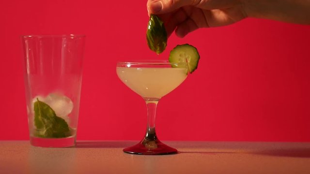 Close up, person takes mint leaf out of gimlet