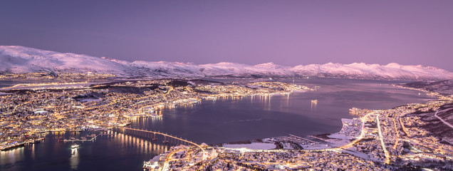 Aerial view of Tromso at sunset