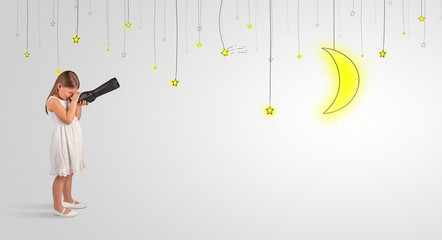 Cute little girl looking through spyglass to lighting bulbs
