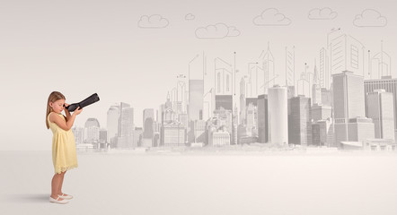 Cute little girl looking through spyglass to a big city
