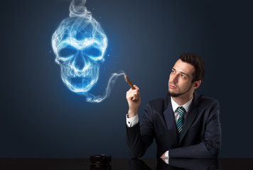 Businessman smoking with skull simbol above his head.