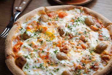 Egg and potato pizza served in cafe