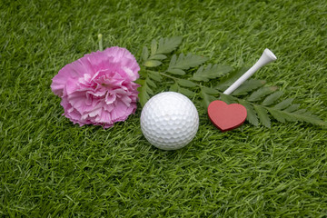 Golf with pink carnation on green 