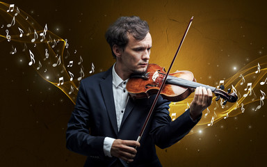 Lonely musical composer with violin and sparkling musical notes around