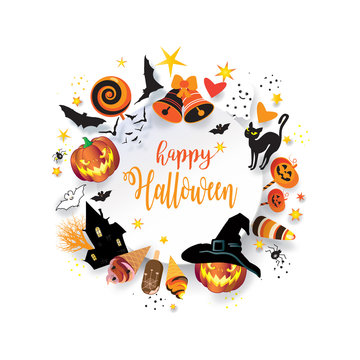 Halloween Holiday Party Treat or Trick Invitation Fantasy Halloween pattern, Halloween Pumpkin, Magic witch hat, Bat, black cat, Spider, Web, House, Moon, Halloween symbols