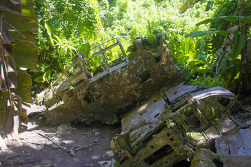 Broken Zero Fighter in the forest, Peleliu Island and war ruins,  the battle was fought between the...