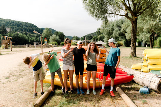 group of young people on kayak outing
