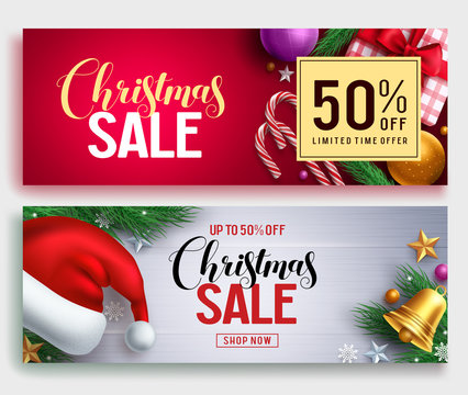 Christmas sale vector banner set with sale discount text and colorful christmas elements in red and white background. Vector illustration.
