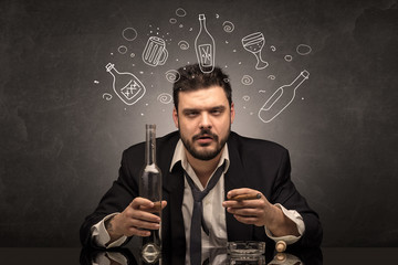 Drunk down and out man with doodle alcohol bottles concept

