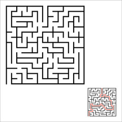 Abstract square maze. Game for kids. Puzzle for children. One entrances, one exit. Labyrinth conundrum. Simple flat vector illustration isolated on white background. With answer.