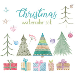Christmas different trees, gifts, decorative elements watercolor.