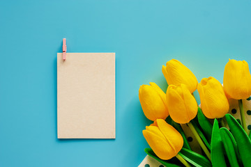 Artificial yellow tulips with white paper card on blue background for nature decoration and springtime concept