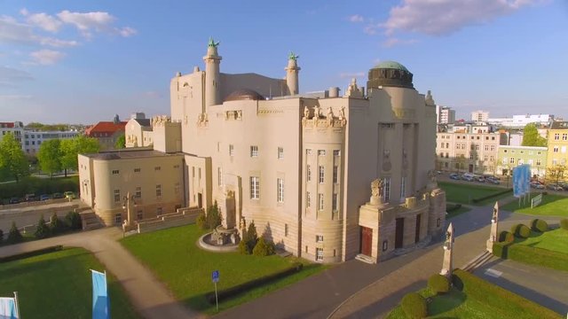 Aerial footage of Staatstheater in Cottbus with spectacular view. Art Nouveau architecture