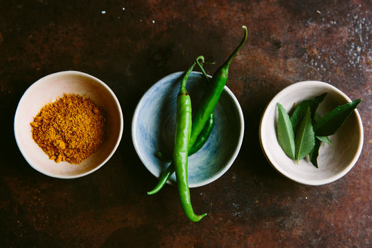 Curry leaves, turmeric and chilli