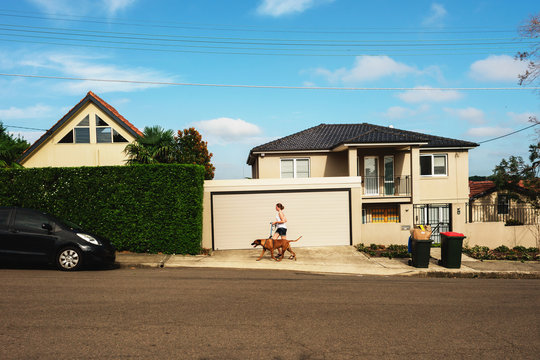 Young Woman Walking Dog In Suburban Neighbourhood