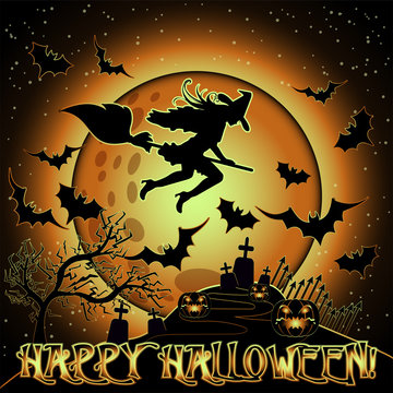 Happy Halloween card with cemetery and witch on a broomstick , vector illustration
