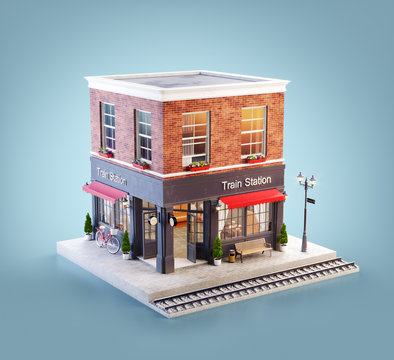 Unusual 3d illustration of a train station building