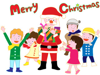 子供たちにクリスマスプレゼントを配るサンタクロース。