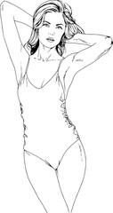 beautiful slim girl in a swimsuit drawn in ink by hand on a white background logo