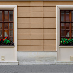 Facade of modern light brown house decorated with windows and flowers