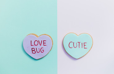 pale valentine candy cookies with messages over pastel background