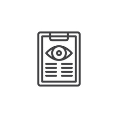 Eye test document outline icon. linear style sign for mobile concept and web design. Ophthalmology paper clipboard simple line vector icon. Symbol, logo illustration. Pixel perfect vector graphics