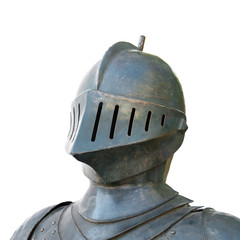 Old iron knight's helmet isolated on white background. Closeup