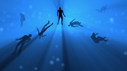 Obraz na płótnie Canvas People floating in blue fog, water, mist. Astral plane. Silhouette. 3d rendering