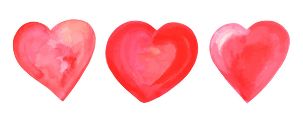 A vector set of watercolour drawings of vibrant red and pink hearts, isolated on a white background